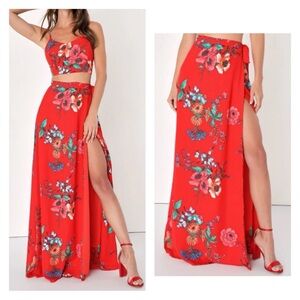 Lulus Red Floral Long Wrap Skirt Size Small